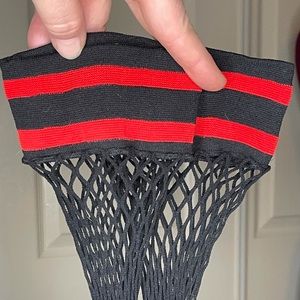 Black fishnet fencenet thigh high stockings with red striped top NWOT